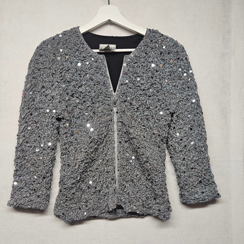 Gray Sequined Textured Zip-Front Women's Jacket